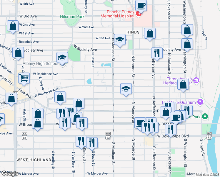 map of restaurants, bars, coffee shops, grocery stores, and more near 353 North Madison Street in Albany