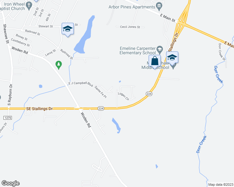 map of restaurants, bars, coffee shops, grocery stores, and more near 3114 East J Campbell Boulevard in Nacogdoches