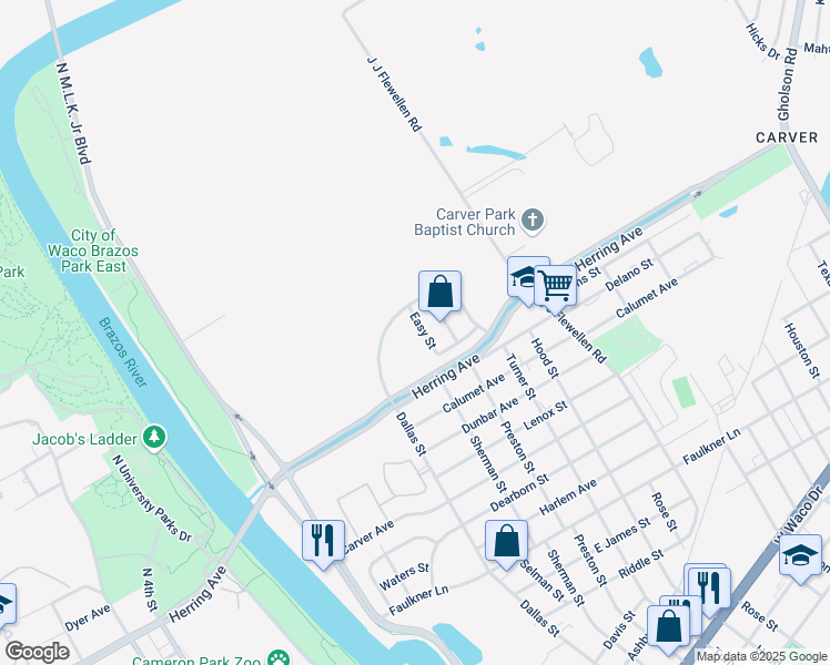 map of restaurants, bars, coffee shops, grocery stores, and more near 2001 Easy Street in Waco