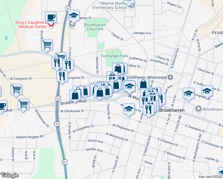 map of restaurants, bars, coffee shops, grocery stores, and more near 501 West Monticello Street in Brookhaven