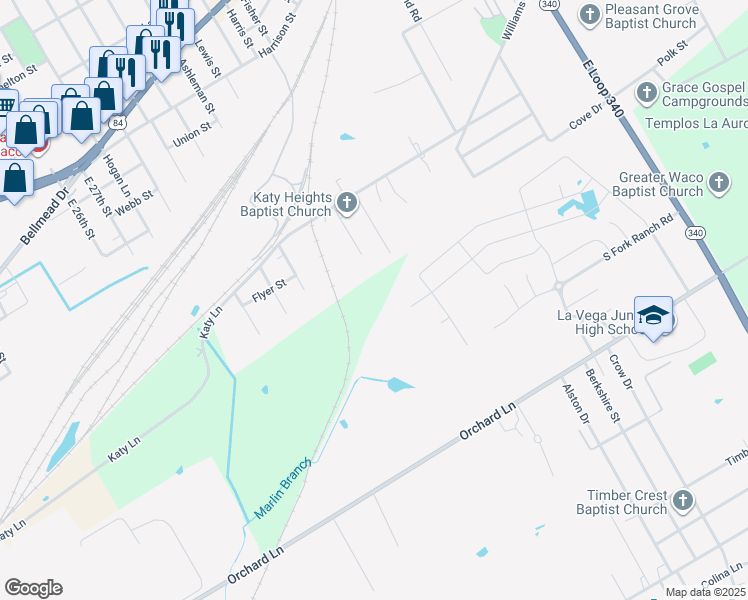 map of restaurants, bars, coffee shops, grocery stores, and more near 1025 East Loop 340 in Waco