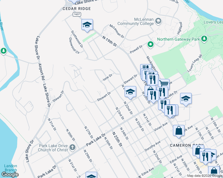 map of restaurants, bars, coffee shops, grocery stores, and more near 4209 North 22nd Street in Waco