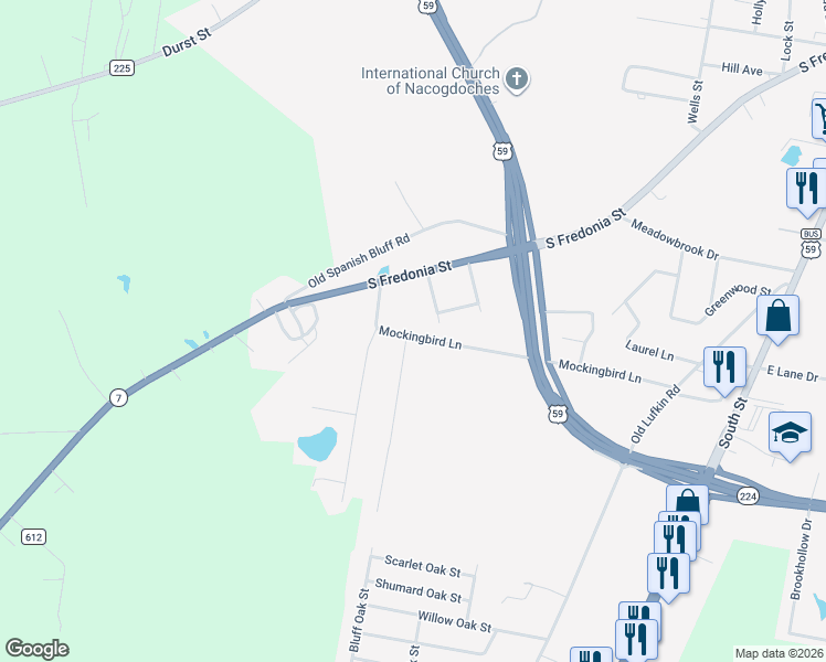 map of restaurants, bars, coffee shops, grocery stores, and more near 2736 Sullivan Drive in Nacogdoches