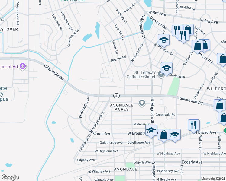 map of restaurants, bars, coffee shops, grocery stores, and more near 1506 North Valencia Drive in Albany