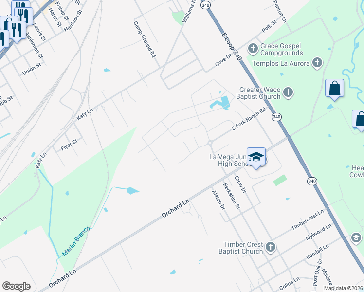 map of restaurants, bars, coffee shops, grocery stores, and more near 4001 Bravo Ranch Road in Waco