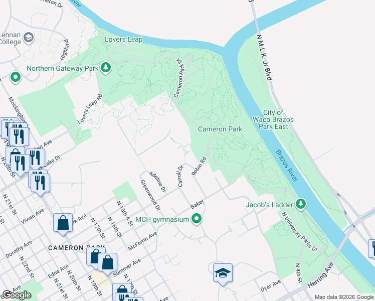map of restaurants, bars, coffee shops, grocery stores, and more near 3310 Edward Drive in Waco