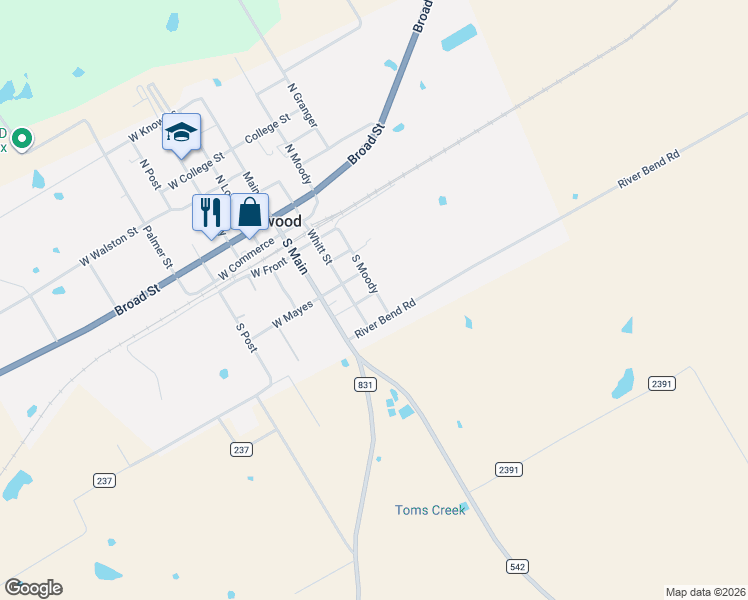 map of restaurants, bars, coffee shops, grocery stores, and more near 700-726 Moody Street in Oakwood