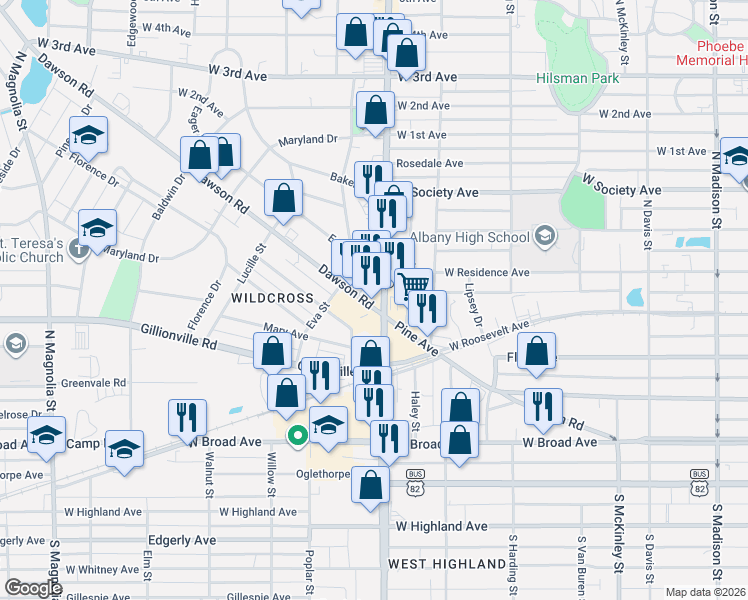map of restaurants, bars, coffee shops, grocery stores, and more near 901 Dawson Road in Albany