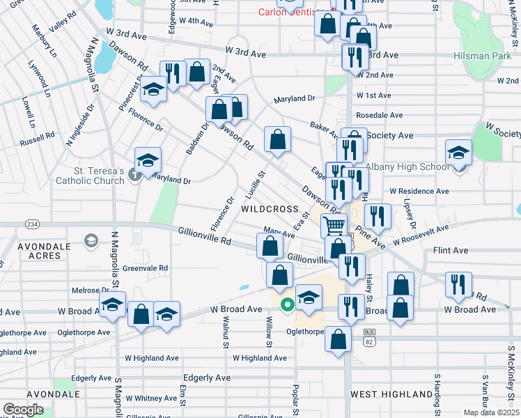 map of restaurants, bars, coffee shops, grocery stores, and more near 1142 Julia Avenue in Albany