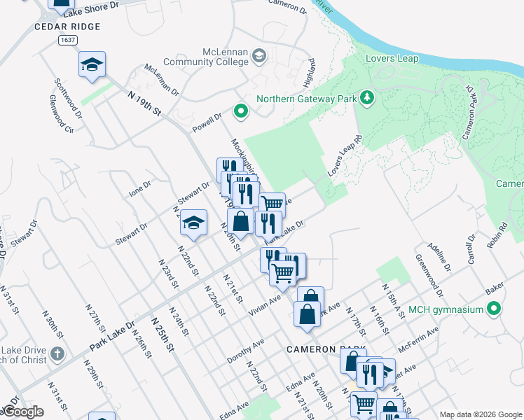 map of restaurants, bars, coffee shops, grocery stores, and more near 3924 Mockingbird Lane in Waco