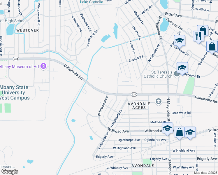 map of restaurants, bars, coffee shops, grocery stores, and more near 2211 Gillionville Road in Albany