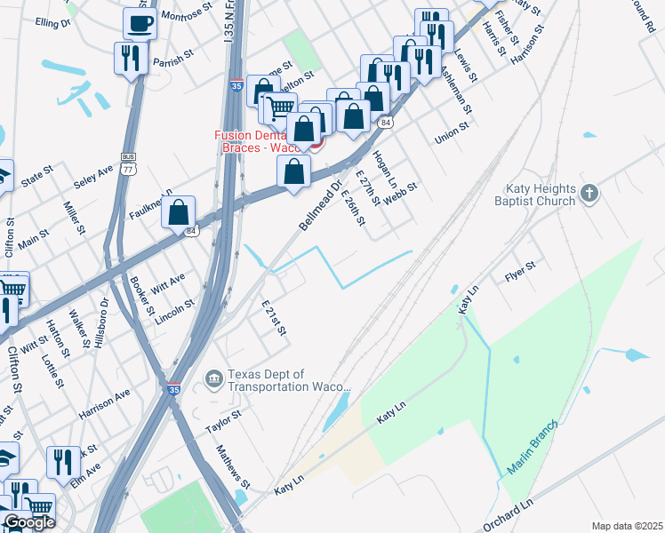 map of restaurants, bars, coffee shops, grocery stores, and more near Bethard Boulevard in Bellmead