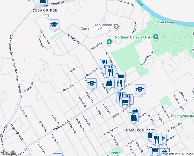 map of restaurants, bars, coffee shops, grocery stores, and more near 4018 North 20th Street in Waco