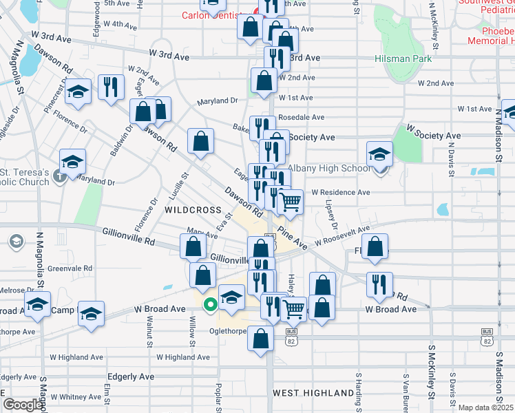 map of restaurants, bars, coffee shops, grocery stores, and more near 1109 Dawson Road in Albany
