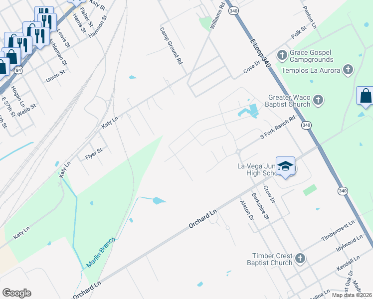 map of restaurants, bars, coffee shops, grocery stores, and more near 197 Calvery Street in Waco