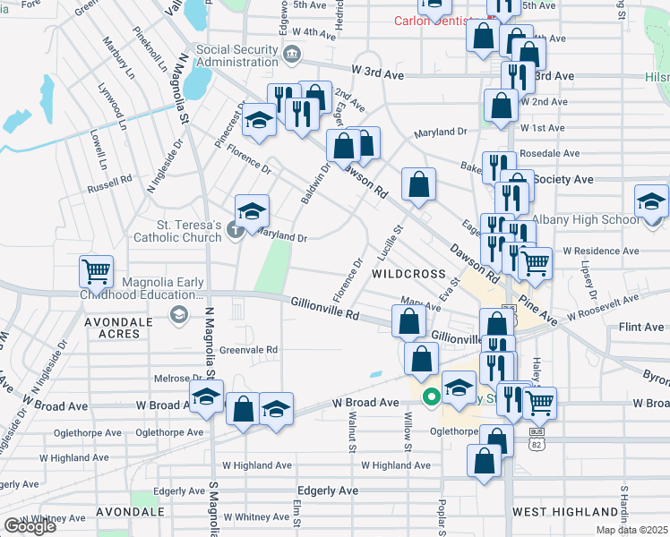 map of restaurants, bars, coffee shops, grocery stores, and more near 1217 Parker Avenue in Albany