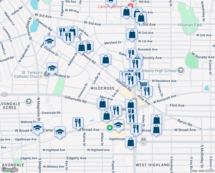 map of restaurants, bars, coffee shops, grocery stores, and more near 1132 Benjamin Street in Albany