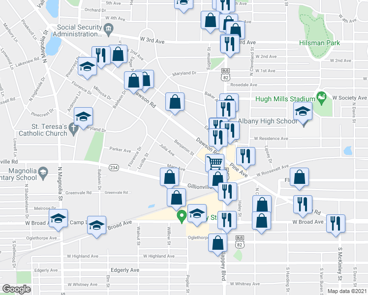map of restaurants, bars, coffee shops, grocery stores, and more near 1137 Benjamin Street in Albany