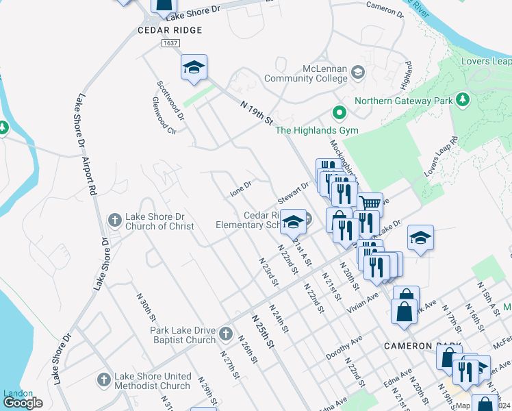 map of restaurants, bars, coffee shops, grocery stores, and more near 4209 North 22nd Street in Waco