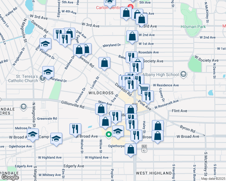 map of restaurants, bars, coffee shops, grocery stores, and more near 1132 Benjamin Street in Albany