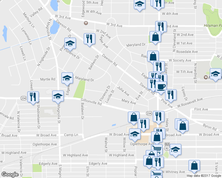 map of restaurants, bars, coffee shops, grocery stores, and more near 506 Florence Drive in Albany