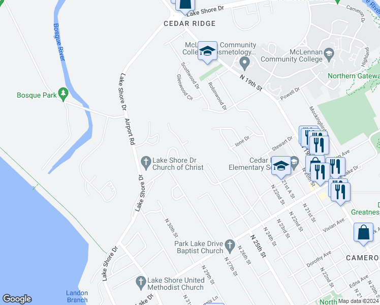 map of restaurants, bars, coffee shops, grocery stores, and more near 4309 Shady Glen Drive in Waco