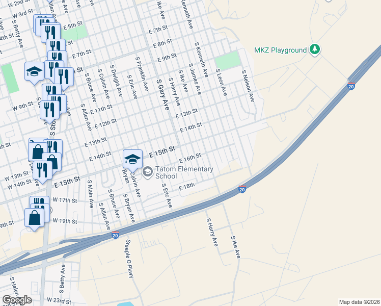 map of restaurants, bars, coffee shops, grocery stores, and more near 1500-1598 South Harry Avenue in Monahans