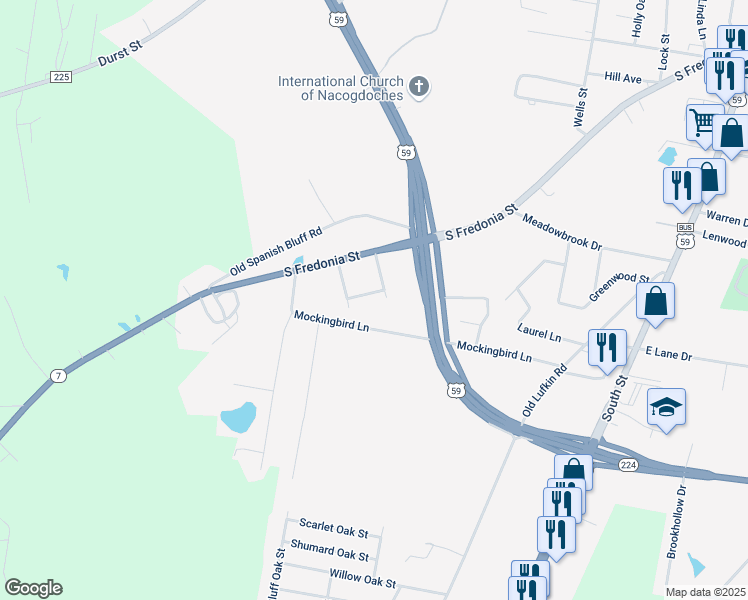 map of restaurants, bars, coffee shops, grocery stores, and more near 2828 Sullivan Drive in Nacogdoches