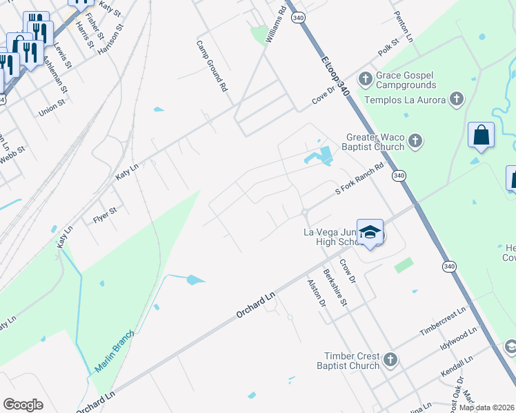 map of restaurants, bars, coffee shops, grocery stores, and more near 4001 Bravo Ranch Road in Waco