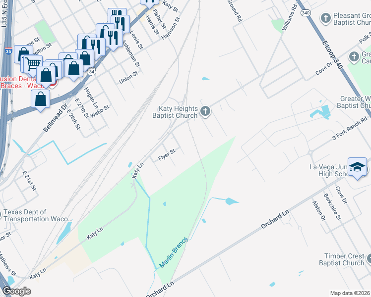 map of restaurants, bars, coffee shops, grocery stores, and more near 207 Limited Street in Waco