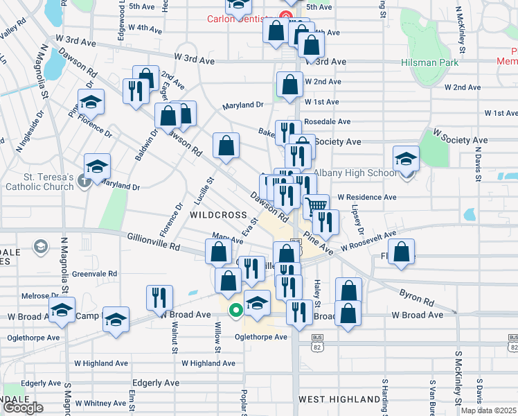 map of restaurants, bars, coffee shops, grocery stores, and more near 1124 Dawson Road in Albany