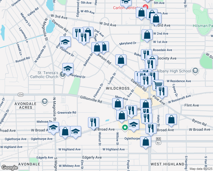 map of restaurants, bars, coffee shops, grocery stores, and more near 506 Florence Drive in Albany