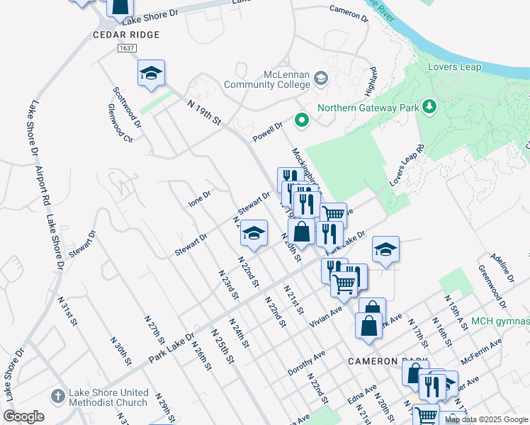 map of restaurants, bars, coffee shops, grocery stores, and more near 4018 North 20th Street in Waco