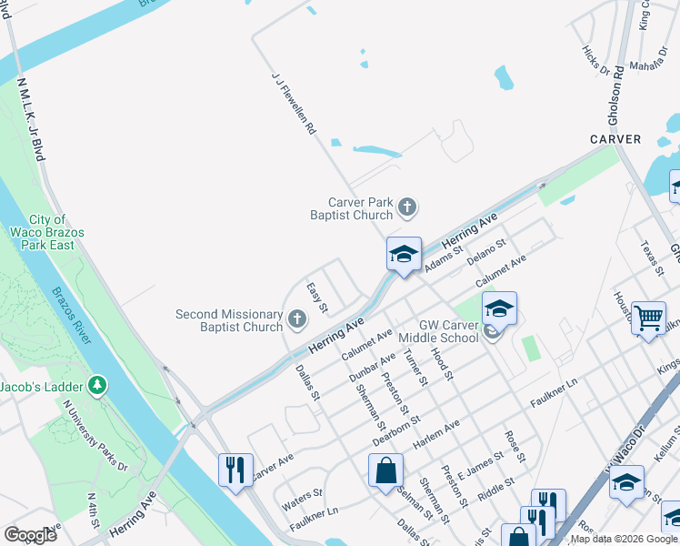 map of restaurants, bars, coffee shops, grocery stores, and more near 2113 Broadway Street in Waco