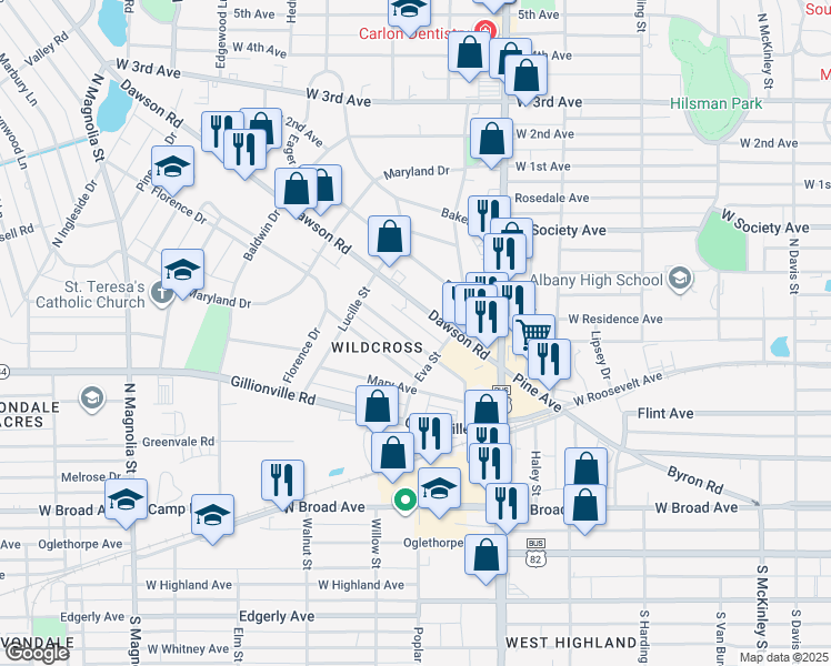 map of restaurants, bars, coffee shops, grocery stores, and more near 1132 Benjamin Street in Albany