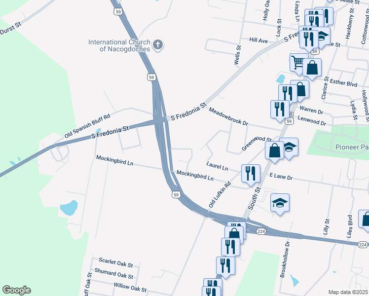 map of restaurants, bars, coffee shops, grocery stores, and more near 606 Egret Drive in Nacogdoches