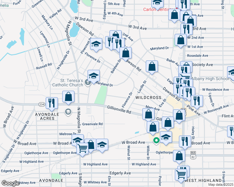 map of restaurants, bars, coffee shops, grocery stores, and more near 1229 Parker Avenue in Albany