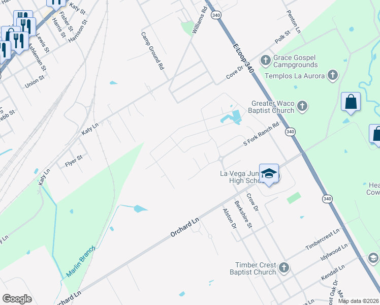 map of restaurants, bars, coffee shops, grocery stores, and more near 4001 Bravo Ranch Road in Waco