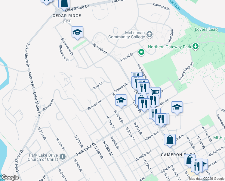 map of restaurants, bars, coffee shops, grocery stores, and more near 4200 Cedar Mountain Drive in Waco
