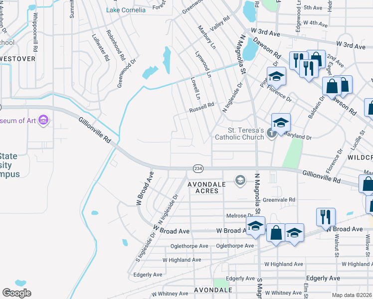 map of restaurants, bars, coffee shops, grocery stores, and more near 1506 North Valencia Drive in Albany