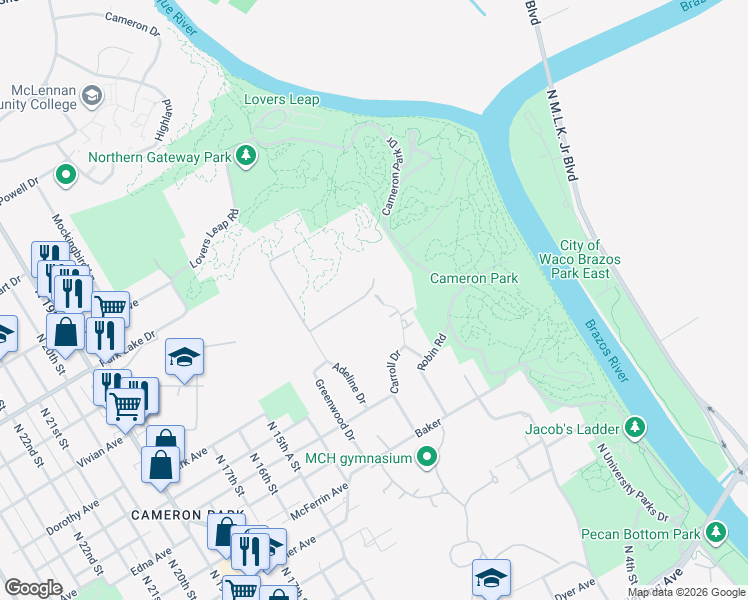 map of restaurants, bars, coffee shops, grocery stores, and more near 3505 Adeline Drive in Waco