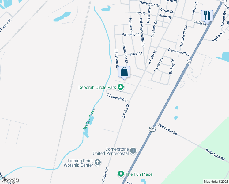 map of restaurants, bars, coffee shops, grocery stores, and more near 14 Harrison Road in Jesup