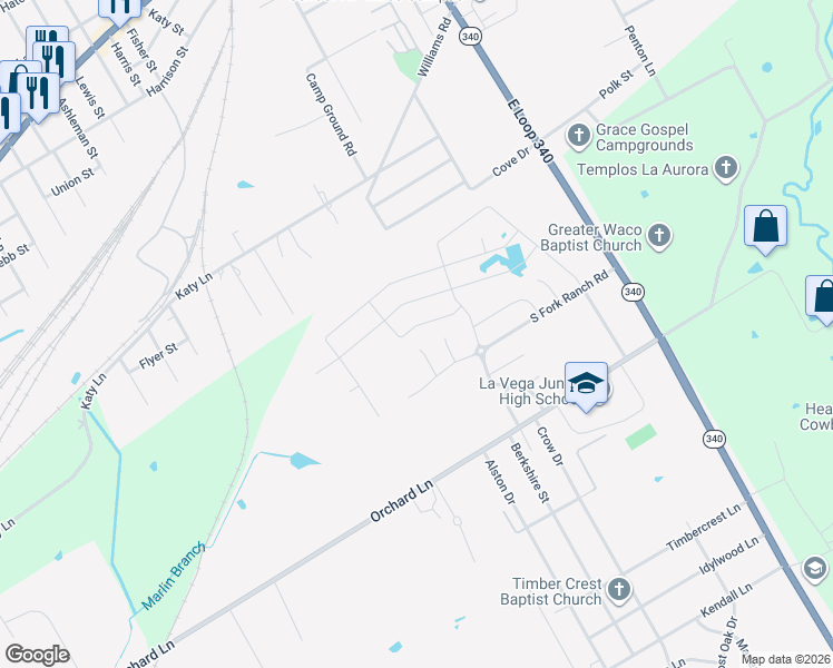 map of restaurants, bars, coffee shops, grocery stores, and more near 4001 Bravo Ranch Road in Waco
