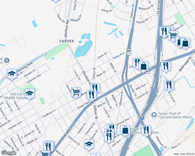 map of restaurants, bars, coffee shops, grocery stores, and more near in Waco