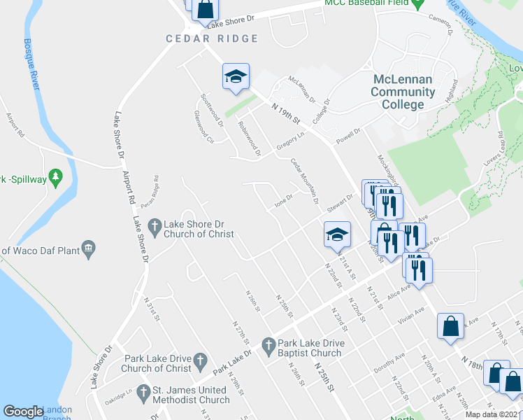 map of restaurants, bars, coffee shops, grocery stores, and more near 4300 North 23rd Street in Waco