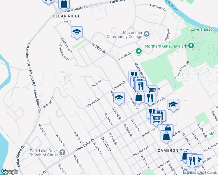 map of restaurants, bars, coffee shops, grocery stores, and more near 4200 Cedar Mountain Drive in Waco