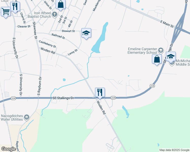 map of restaurants, bars, coffee shops, grocery stores, and more near 2817 East J Campbell Boulevard in Nacogdoches