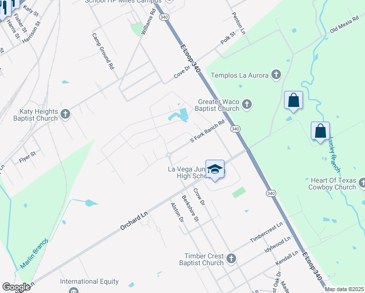 map of restaurants, bars, coffee shops, grocery stores, and more near South Fork Ranch Road in Waco