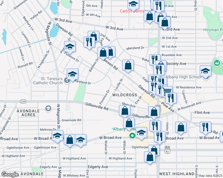 map of restaurants, bars, coffee shops, grocery stores, and more near 510 Florence Drive in Albany