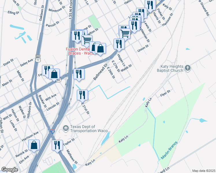 map of restaurants, bars, coffee shops, grocery stores, and more near Bethard Boulevard in Bellmead